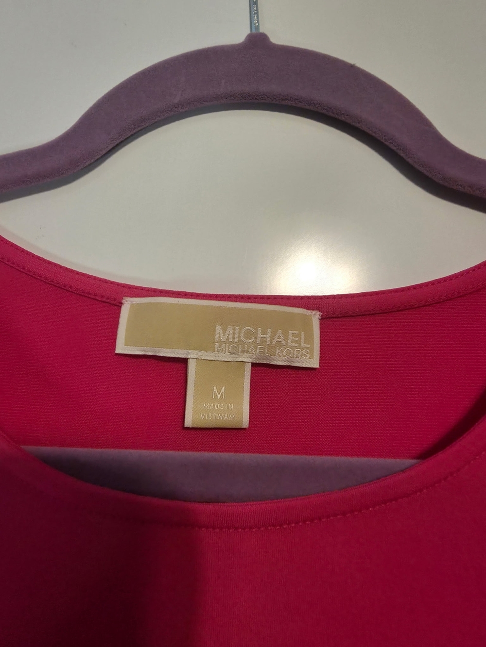 Michael Kors Hot Pink Short-Sleeve Crewneck Top with Ladder Sleeve Detail - Picture 2 of 3
